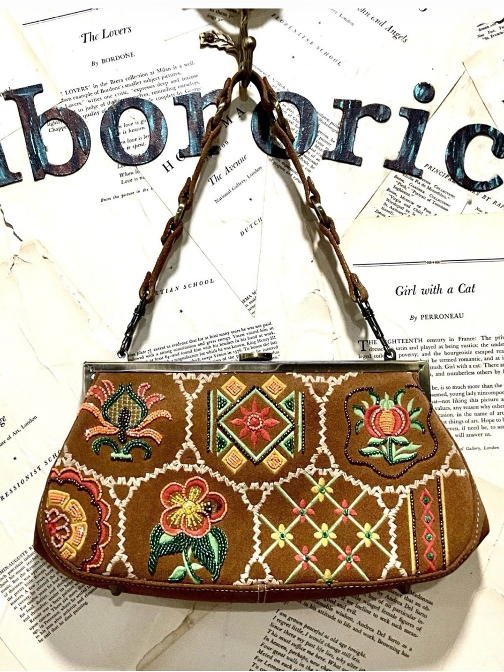 Vintage Isabella Fiore Y2K Suede Beaded Embroidered Frame Shoulder Bag Tan